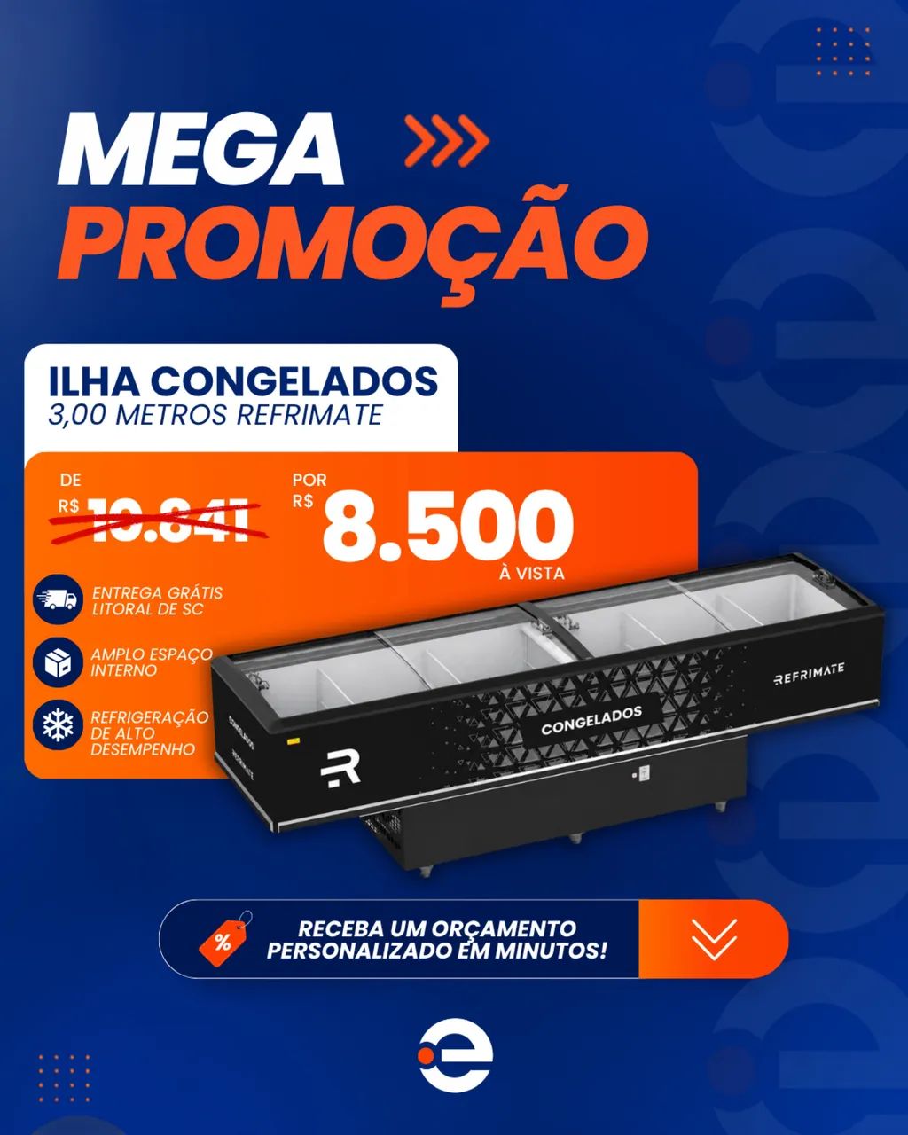 Ilha de congelados 3,00 metros com iluminação led e vidro semi curvo nova 