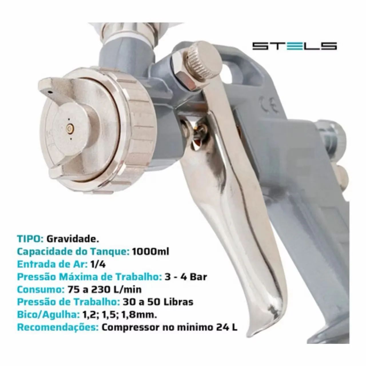 Pistola de Pintura Tanque aluminio metal Alto 1000ml Com 3 Bicos Rosca 1/4 Polegada Stels - Foto 6