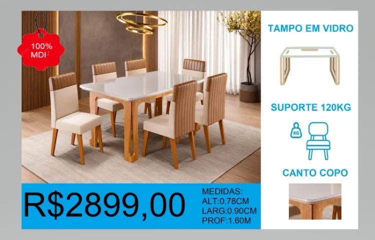 Mesa com tampo em vidro e 6 cadeiras - entrega gratuita