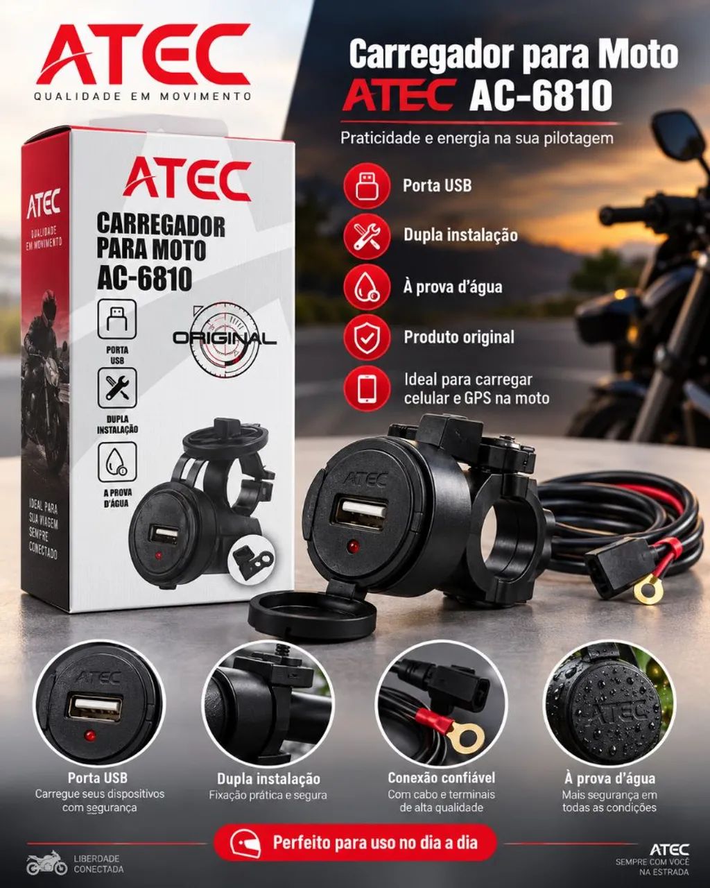 Carregador para Moto ATEC AC-6810 USB + Cabo Grátis Tipo-C ou Lightning - iPhone