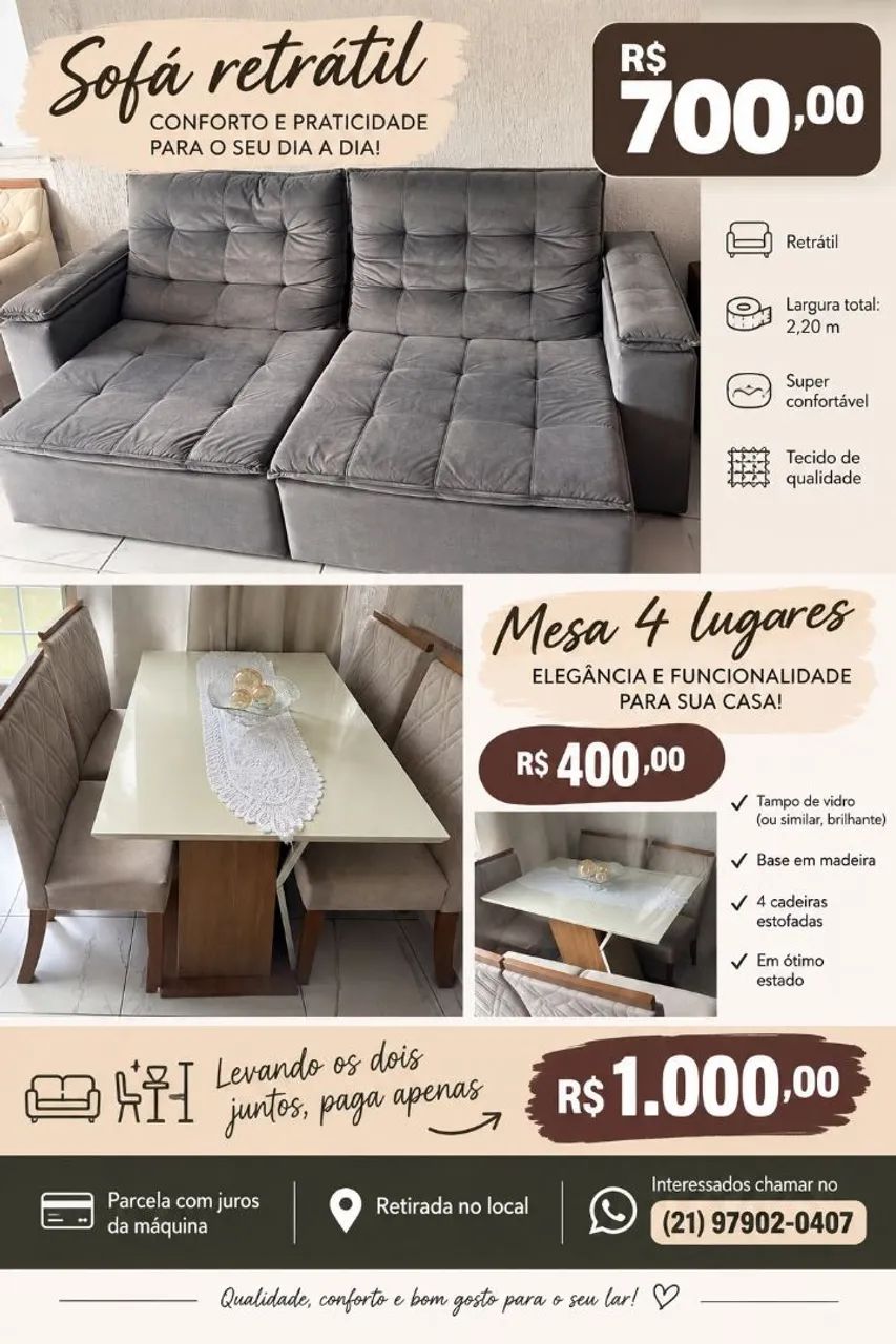 Conjunto de Sofá + Mesa c/4 cadeiras - Seminovo