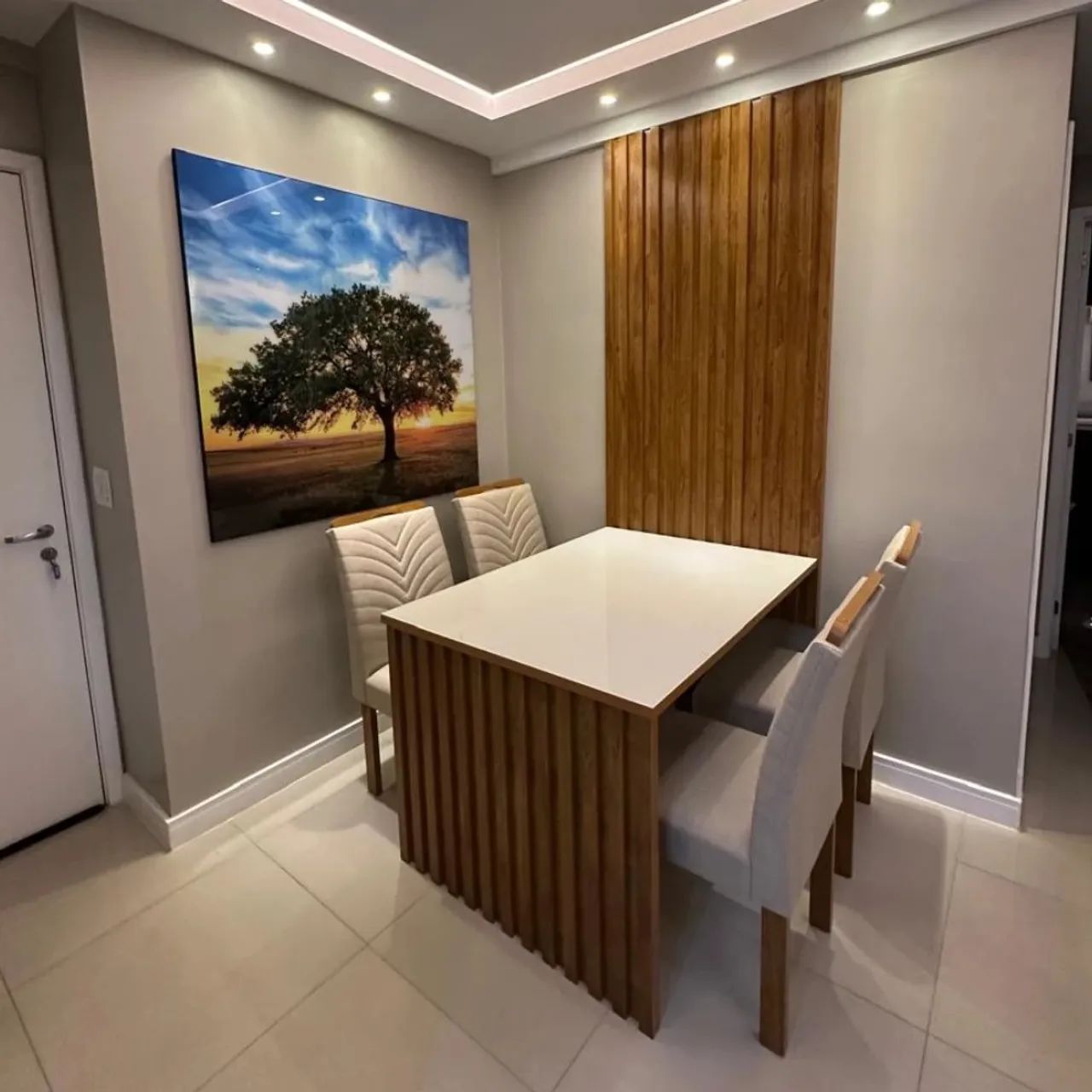 Mesa Jantar 120×90 4 Cadeiras Linho Bege rf554