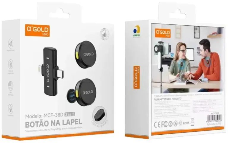 Microfone de Lapela Sem Fio Bluetooth Kit 2 Microfonones Abafamento de Ruído Até 10 Horas 