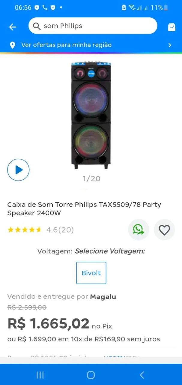 Caixa de Som Torre Philips TAX5509/78 Party Speaker 2400W