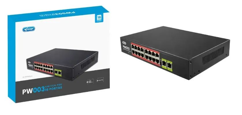 Switch 16 Portas POE Hibrido 2 Portas Gigabits Knup KP-Pw003 1000 Mbps 