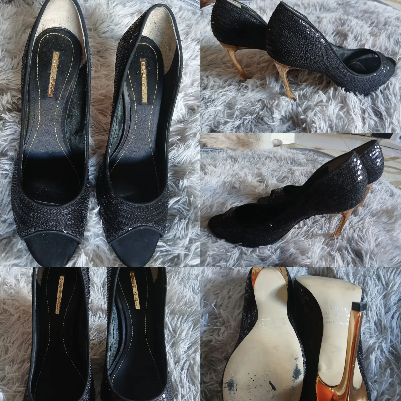 Scarpin de paetês preto com salto dourado