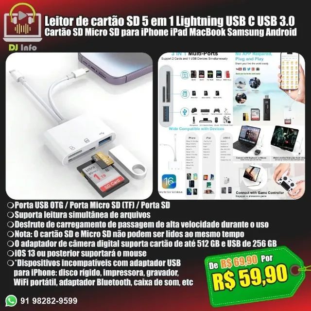 Leitor de artão SD 5 em 1 Lightning USB C USB 3.0 Cartão SD Micro SD para iPhone MacBook 
