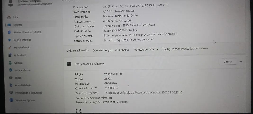 Dell i7 7500u 4GB de RAM, SSD 512GB