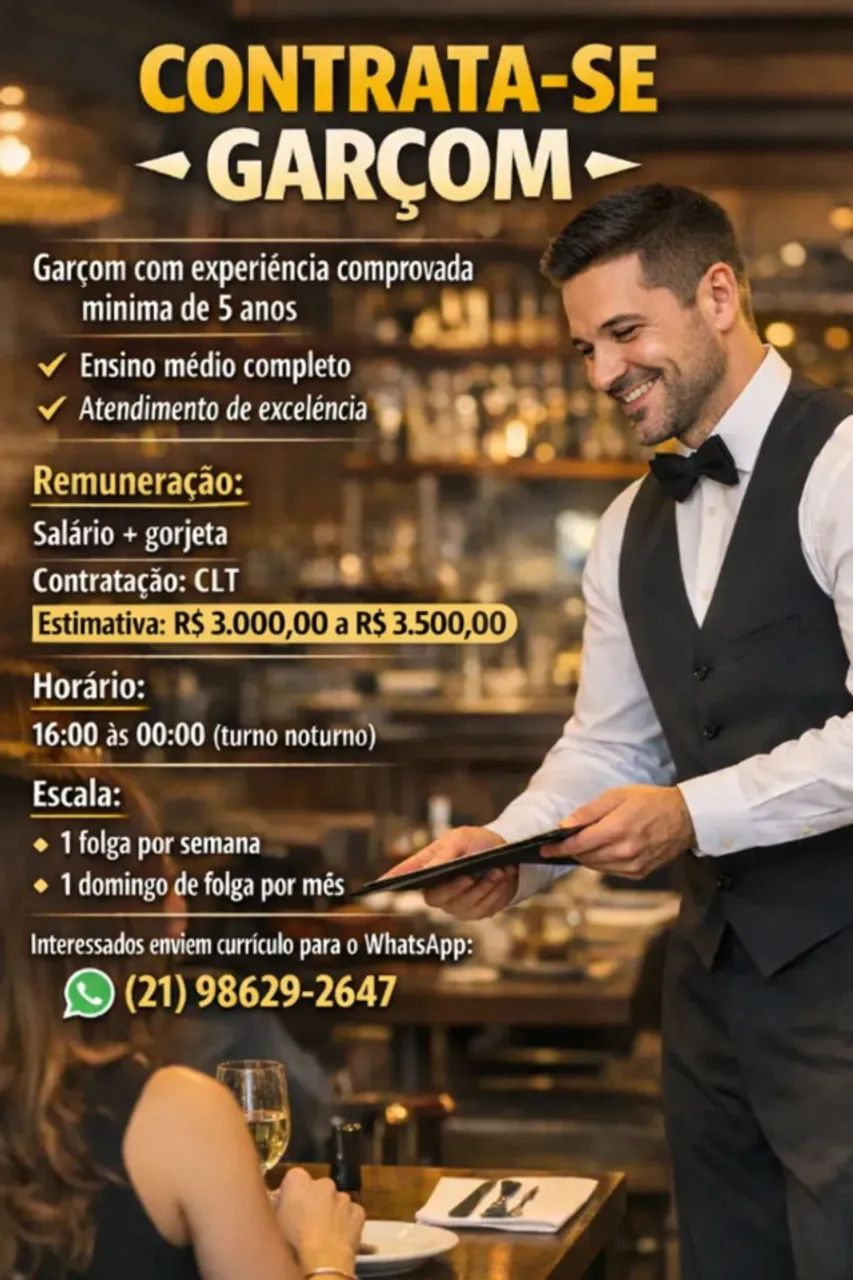 GARÇOM com EXPERIÊNCIA - JARDIM OCEÂNICO - 16:00 ás 00:00