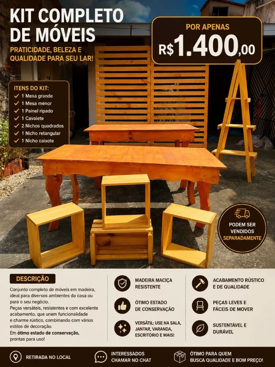 Kit Completo de Móveis em Madeira - 8 Peças