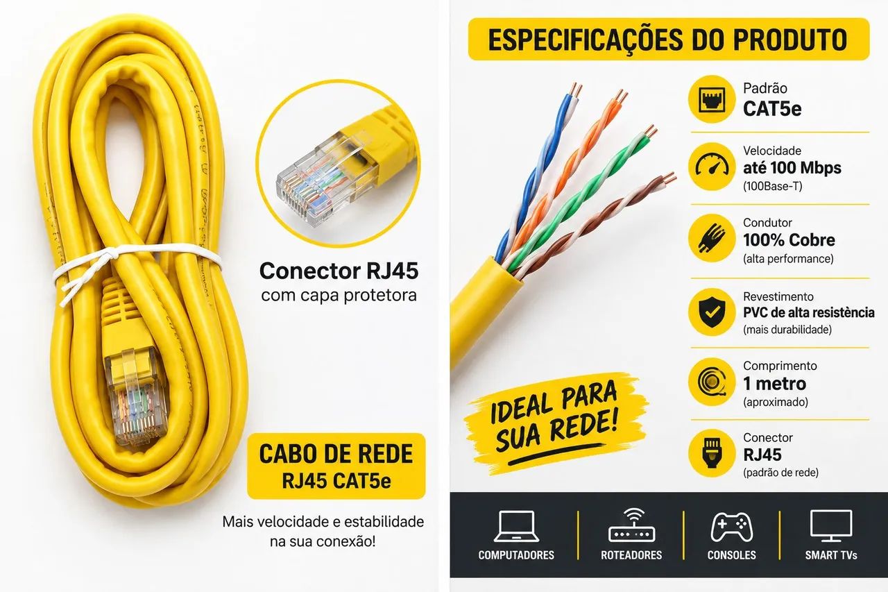 Cabo de Rede com Conector RJ45 (kit 4 unidades) 1,5m amarelo - Foto 3