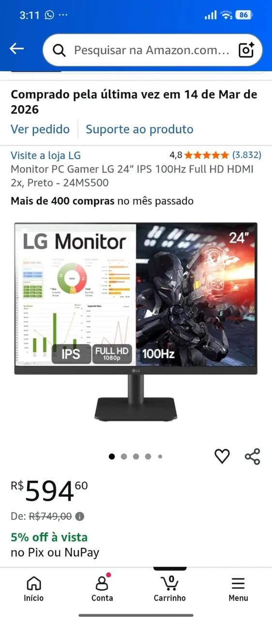 Monitor 24 pol LG 100htz