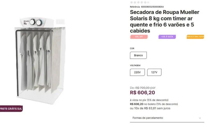 Secadora de Roupa Mueller Solaris 8kg 6 varões e 5 cabides, com timer, ar quente e frio - Foto 2