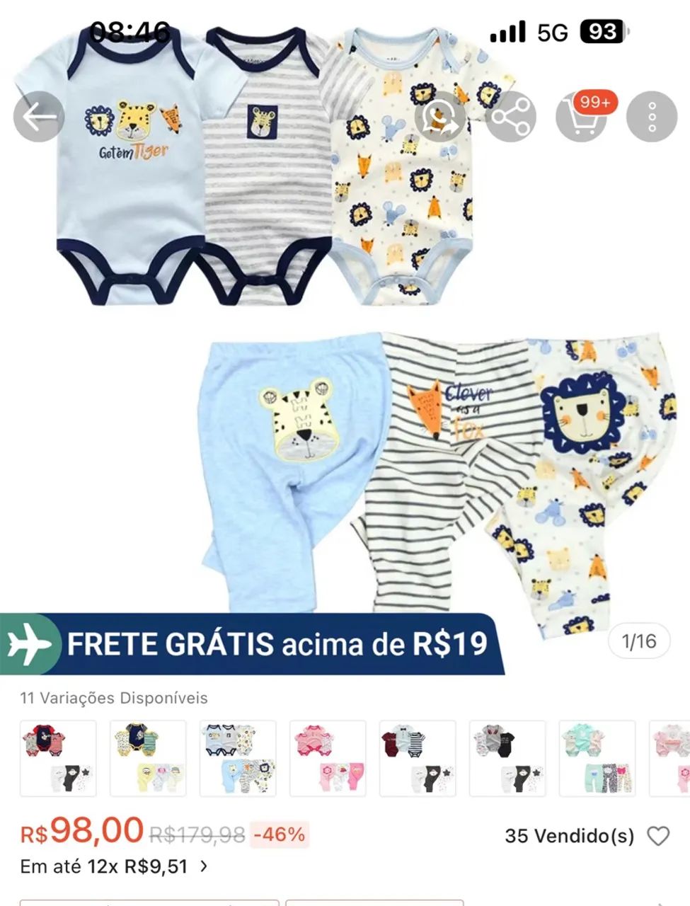 Kit 3 Bodies Bebê Menino - Urso, Tigre e Leão - Tamanho P