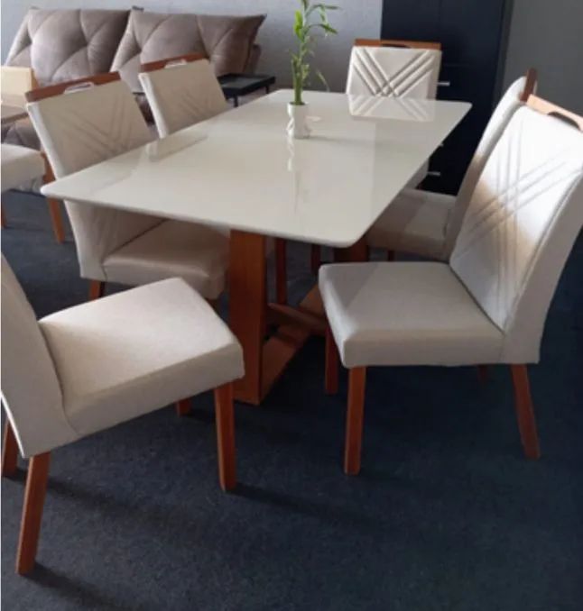 Mesa de Jantar Elegante e Confortável 6 cadeiras veludo bege 