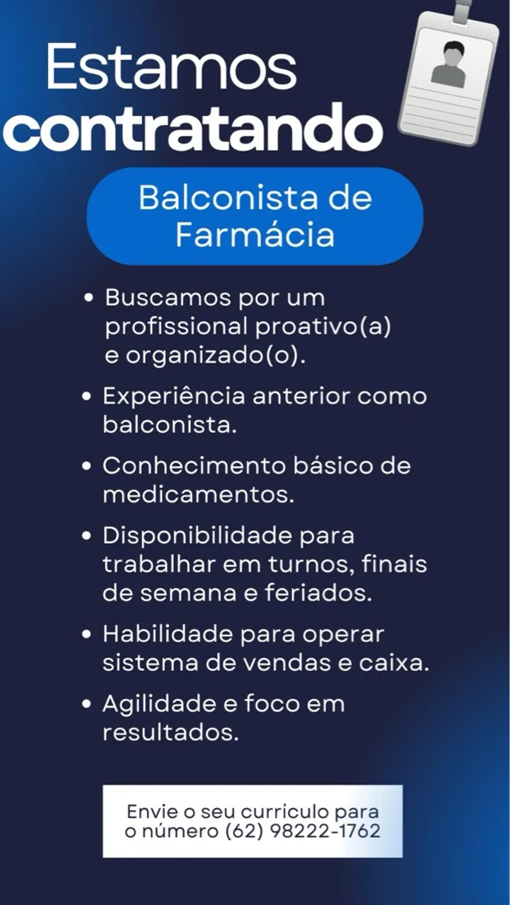 Vagas de Farmacêutico(a) e Balconista de Farmácia 