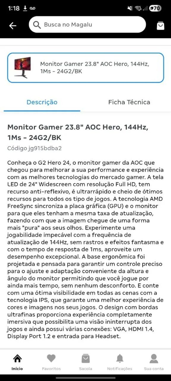 Monitor Gamer AOC Hero 144hz 24 g2 - Foto 5