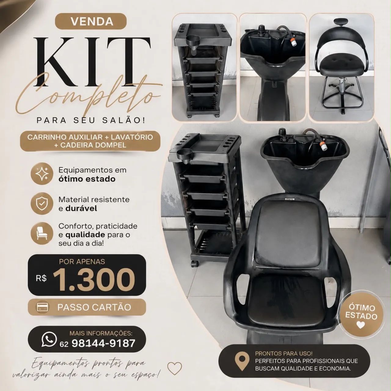 Kit salão com cadeira e lavatório com carrinho auxiliar 