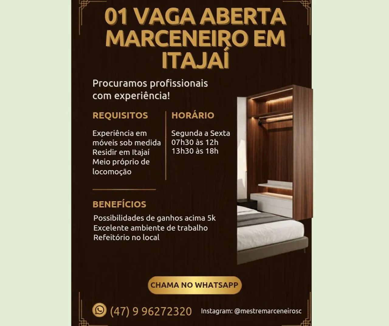 01 Vaga Marceneiro em Itajaí 