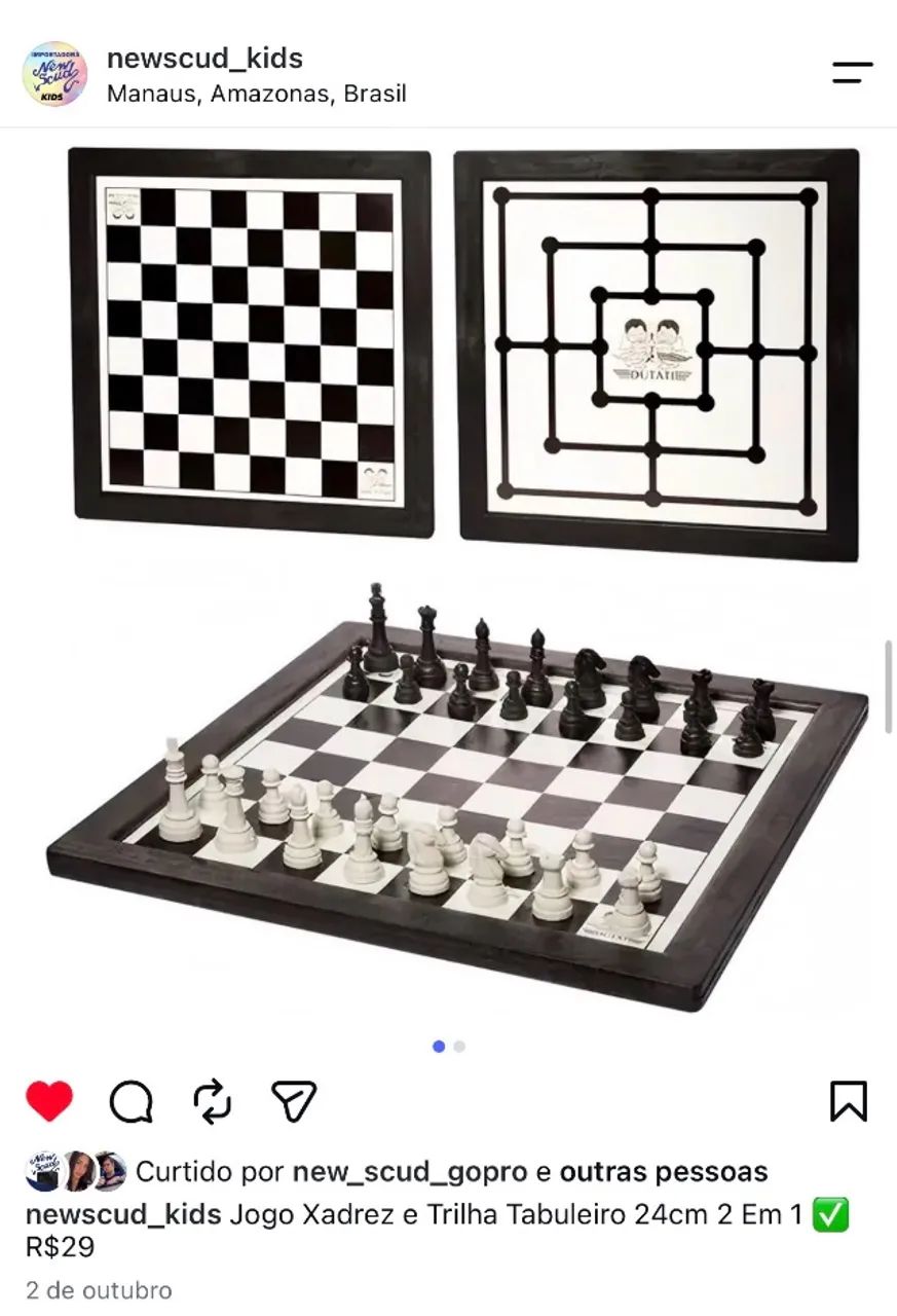 Jogo Xadrez e Trilha Tabuleiro 24cm 2 Em 1