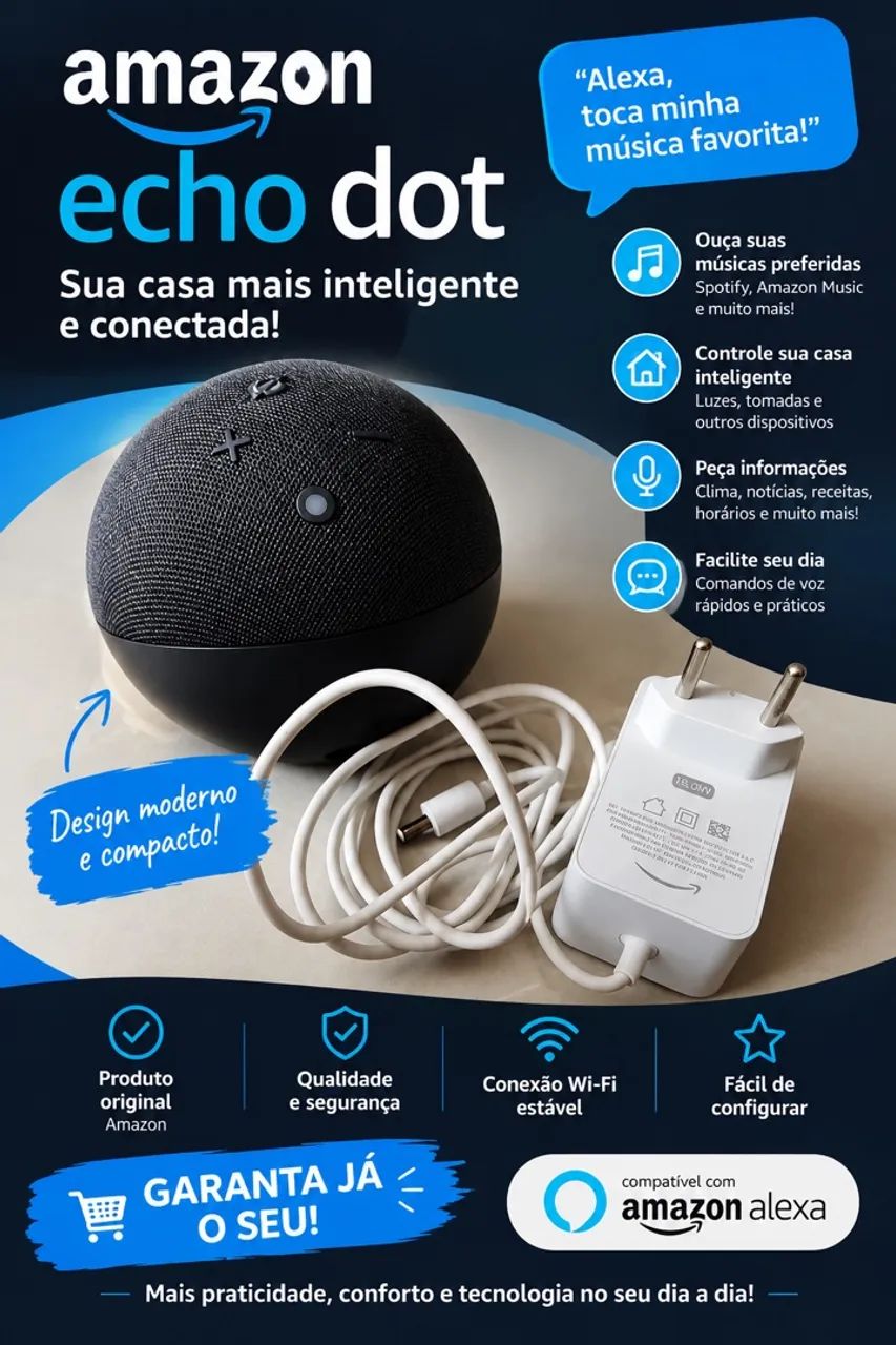 Alexa echo dot preta original com fonte 