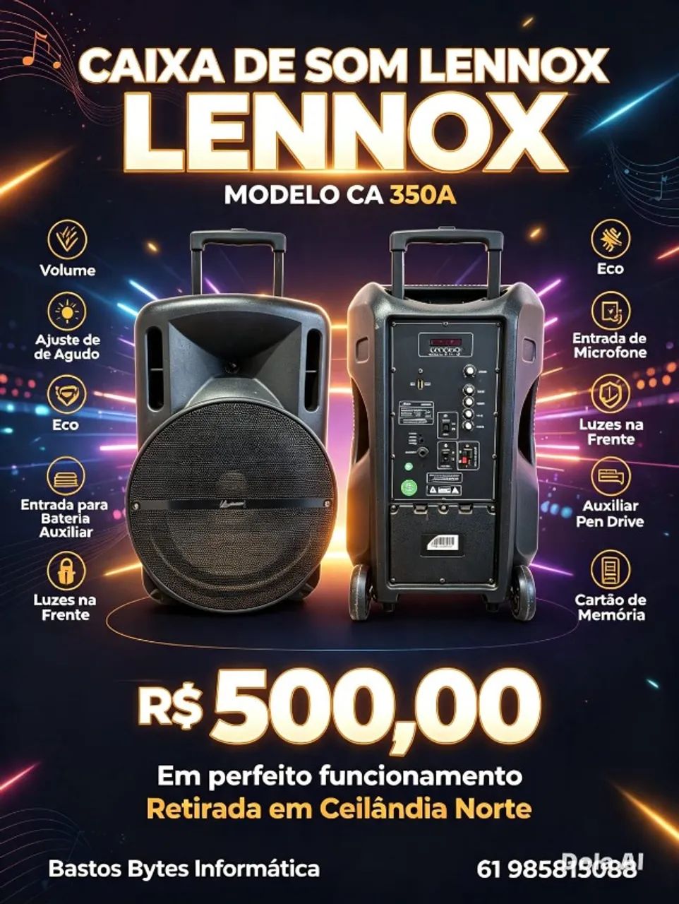 CAIXA DE SOM LENNOX 500W SEMI NOVA - Aparelhos de Som - Ceilândia