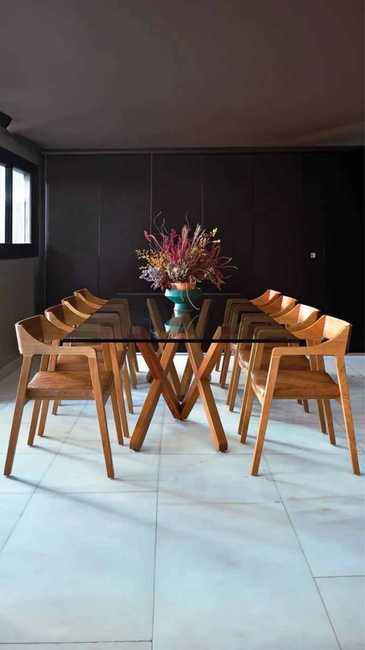 Mesa vidro (15mm 2x1,20m) com pés de madeira maciça 