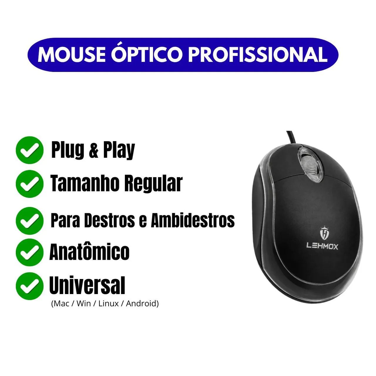 Mouse com fio USB óptico anatômico para Pc notebook 