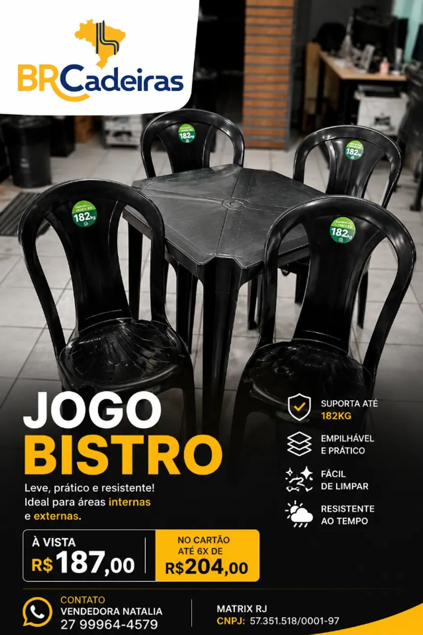 Conjunto Mesa + 4 Cadeiras de Plástico Brancas e Pretas
