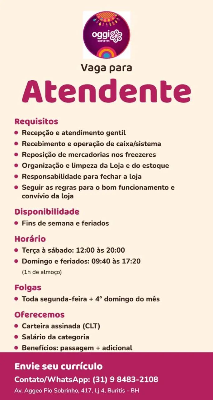 Vaga de Atendente Oggi Sorvetes 