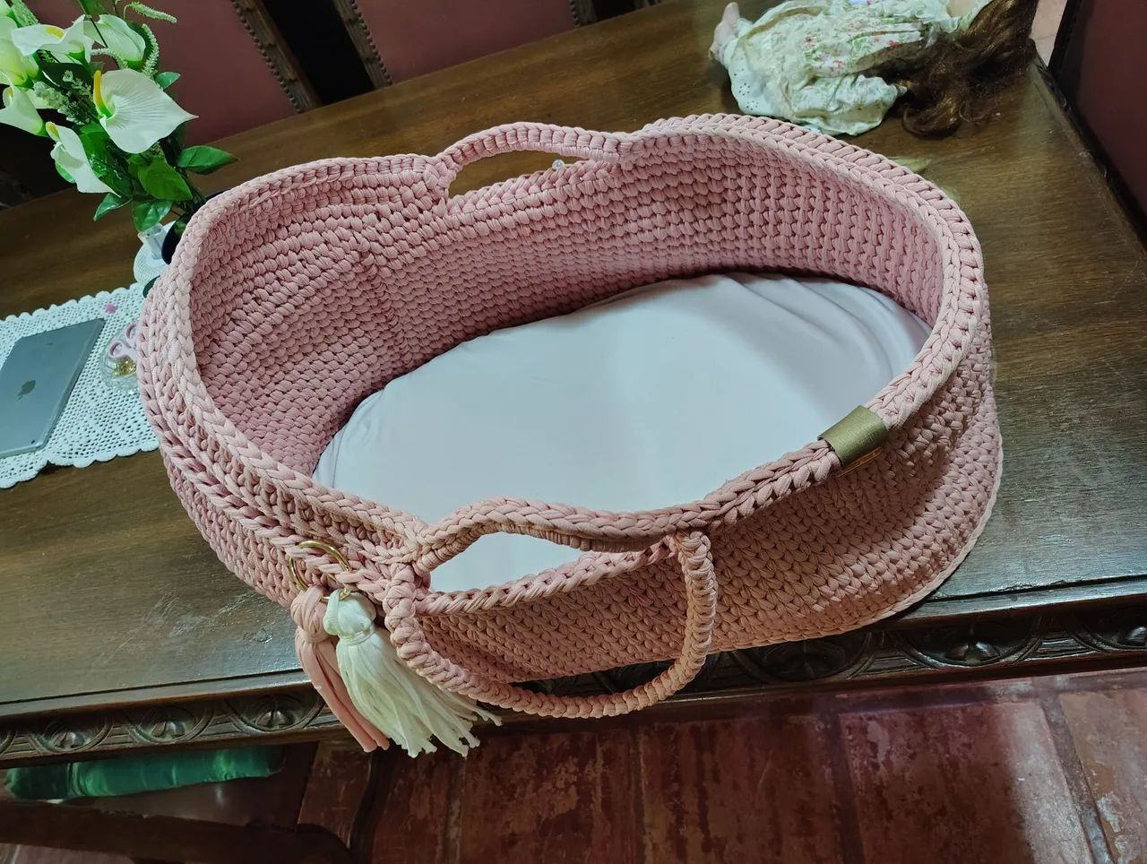 Berço Moisés de Crochê Rosa  - Foto 3