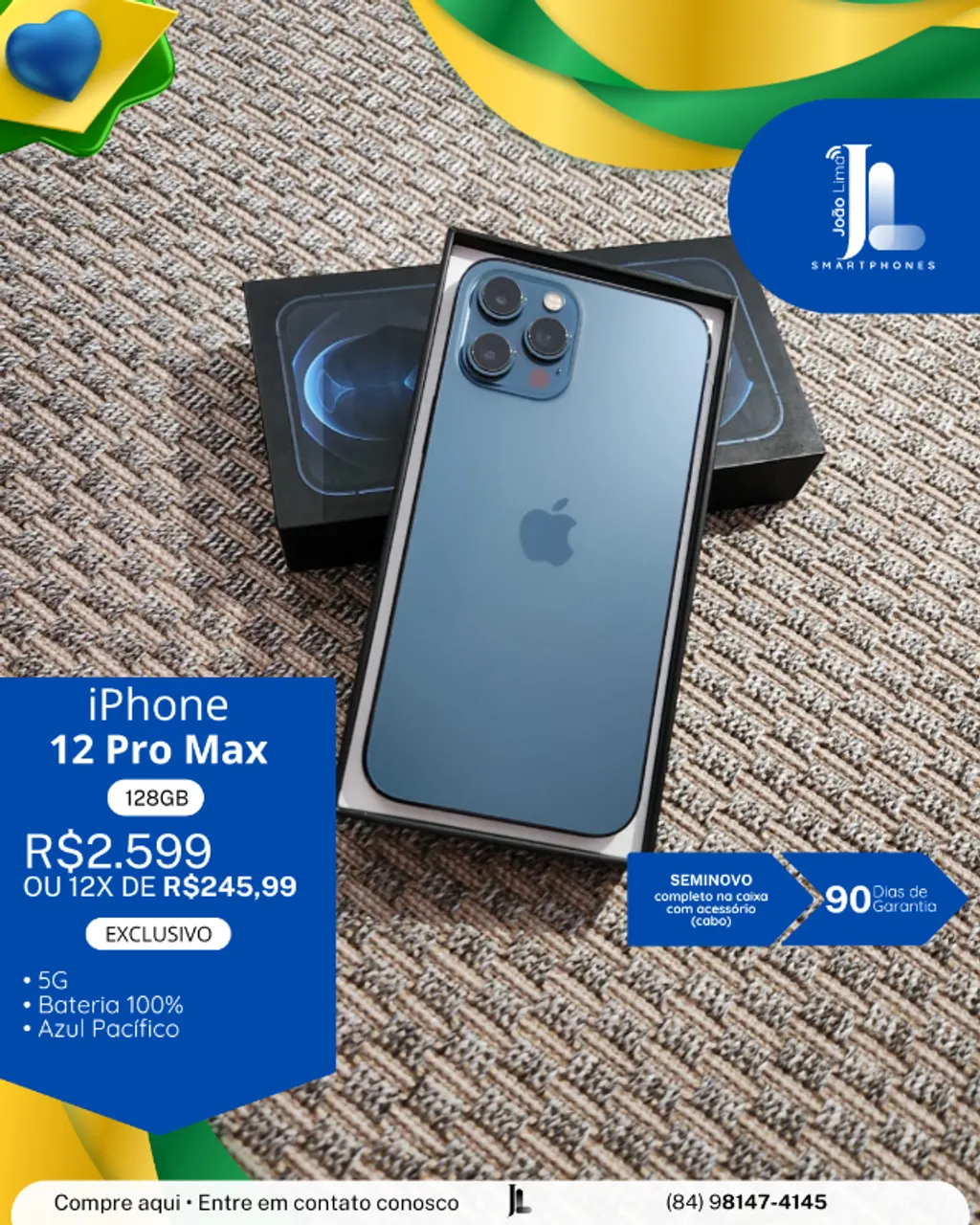 IPHONE 12 PRO, 128GB, AZUL PACÍFICO, BAT 100%, SEMINOVO, EXCLUSIVO