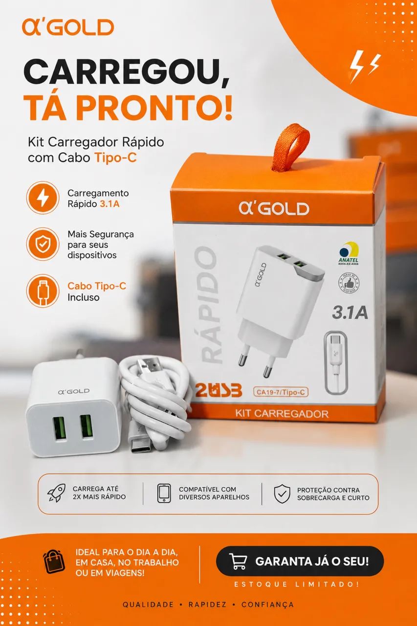 Carregador Gold tipo USB/C, fonte 2 entrada USB 
