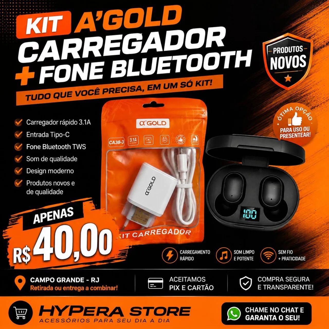 KIT A'GOLD ? CARREGADOR + FONE BLUETOOTH