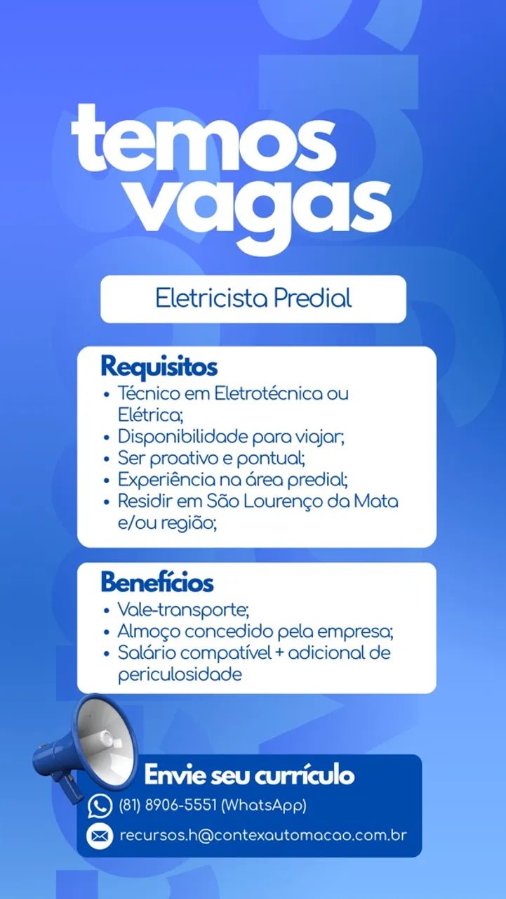 Vagas para Eletricista Predial/Industrial