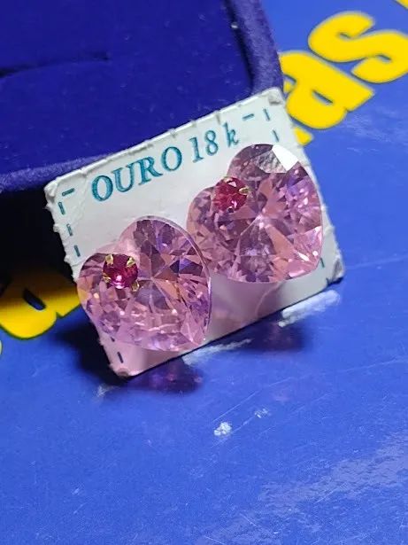 Par Brincos Coração Rosa Ponto de Luz Vermelho 12 mm Ouro 18 Kilates 4.70 Gramas - Foto 2