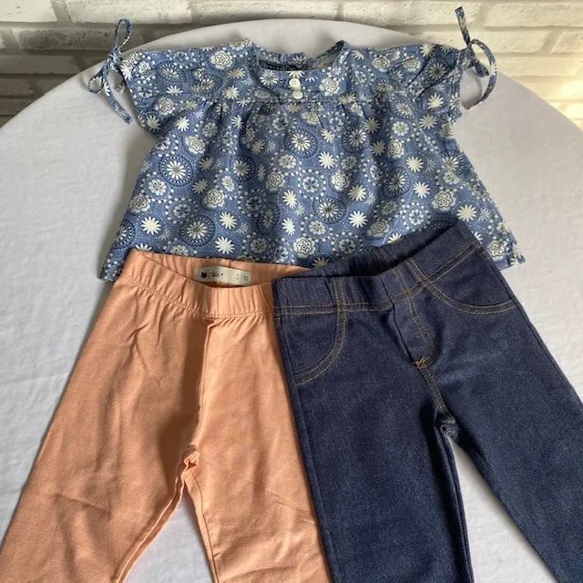 Kit Roupas Bebê Blusa Florida Azul Petit + Leggings Poim Rosa e Noruega Jeans 12 Meses