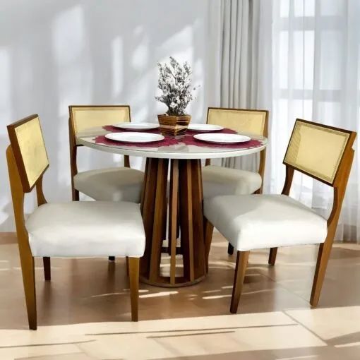 Mesa Berlim 100 Cinamono/Off White com 4 Cadeiras Grécia Linho Bege
