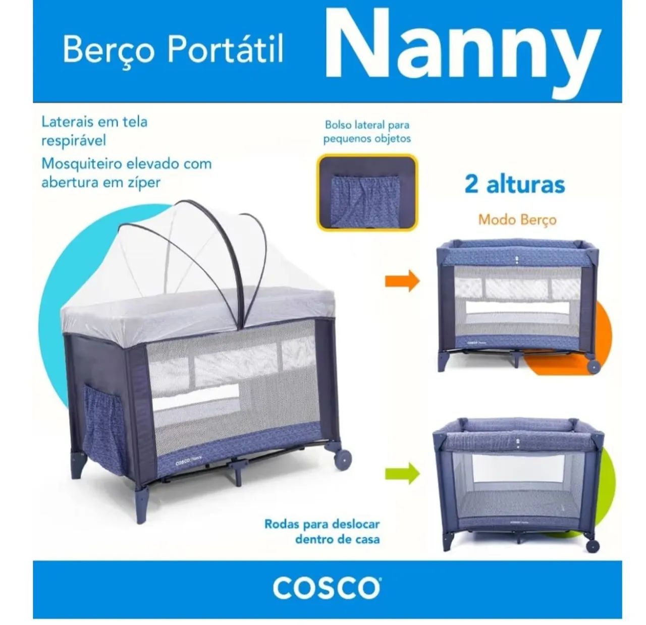 Cosco Kids, Berço Nanny, 0 a 18kg, Azul  - Foto 2