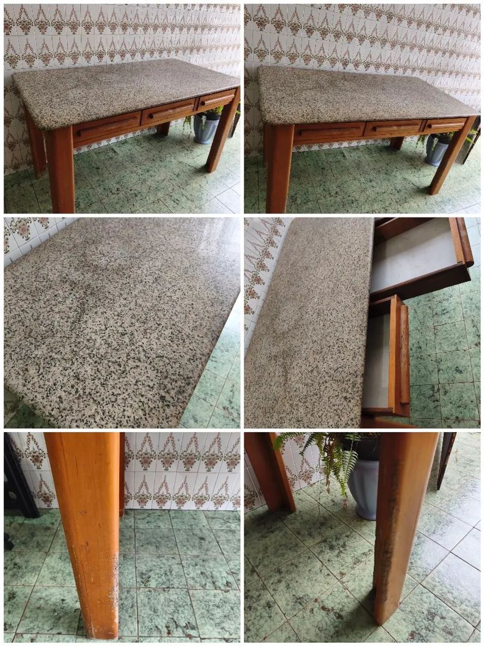 Mesa de madeira com tampo de granito
