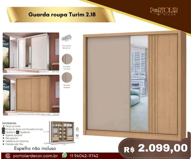 Guarda Roupa Turim 2.18, a pronta entrega 
