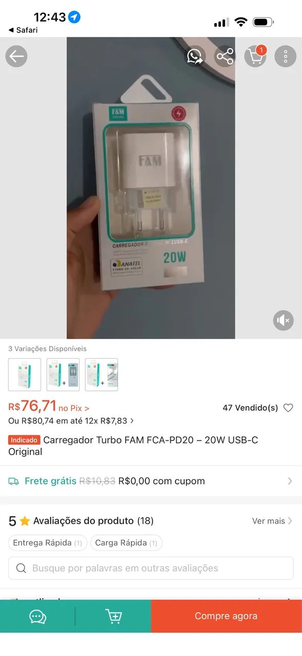 Carregador de viagem FAM 20W USB-c  - Foto 5
