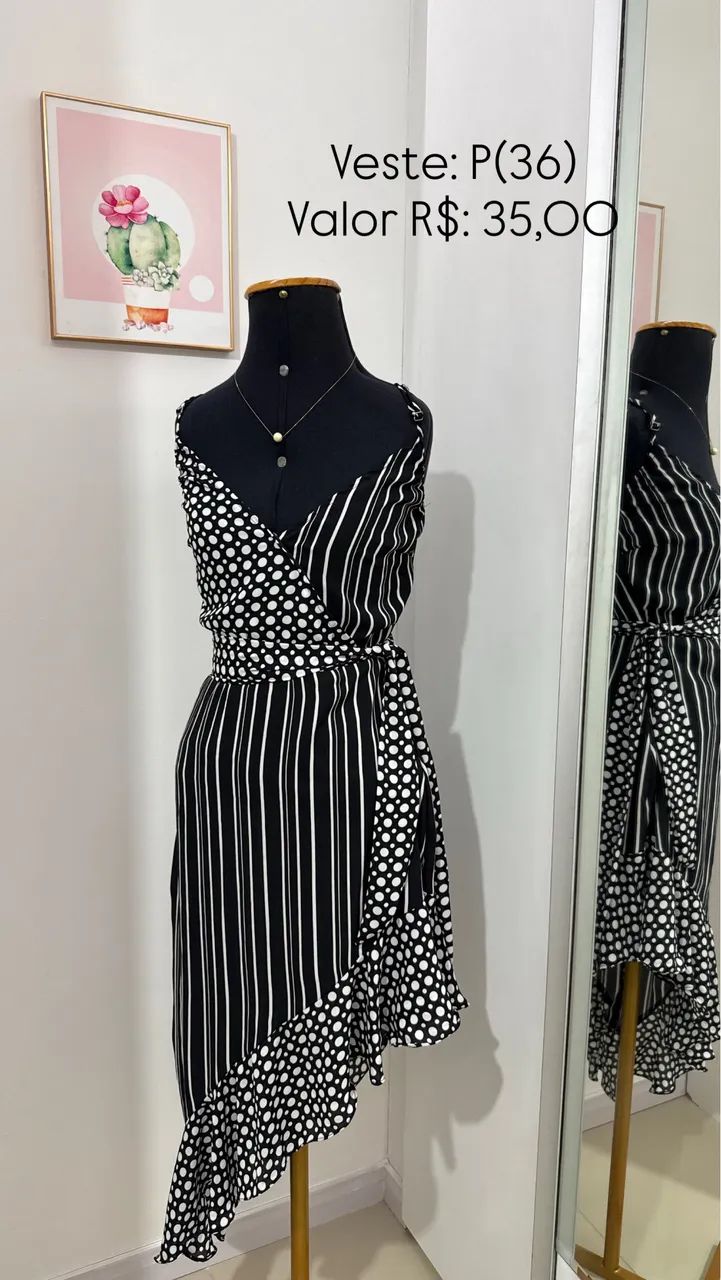 Vestido preto e branco estampa listra e poa - Foto 2
