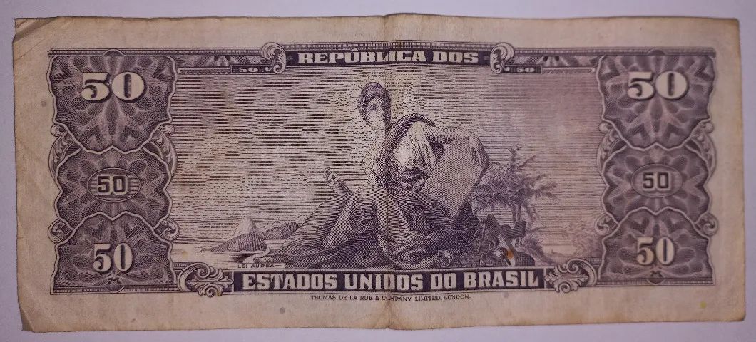 Cédula do Brasil 50 Cruzeiros com carimbo 5 centavos - Foto 2
