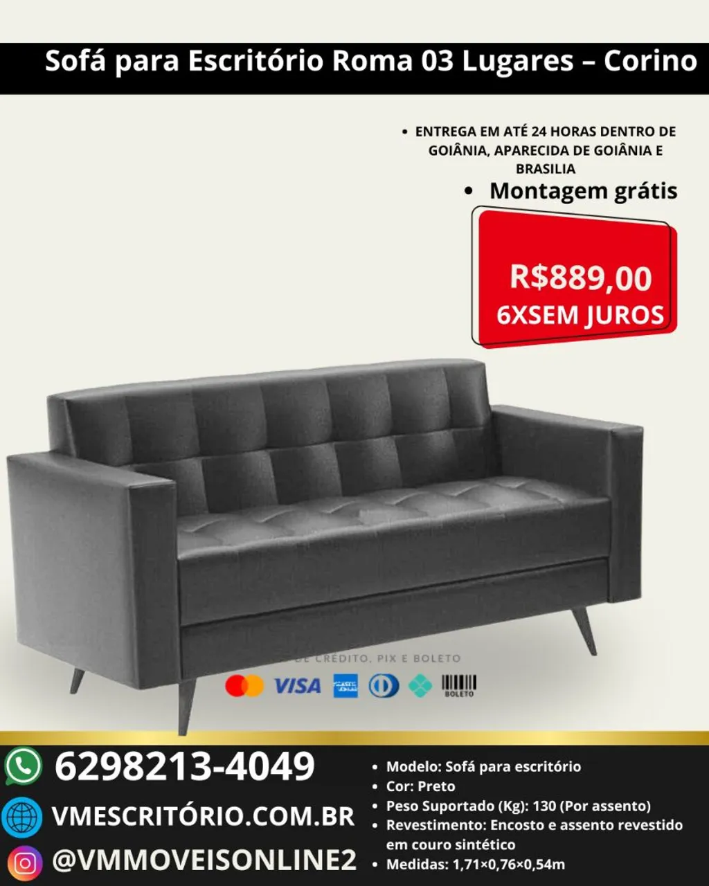 Sofá para Escritório Roma 03 Lugares - Corino