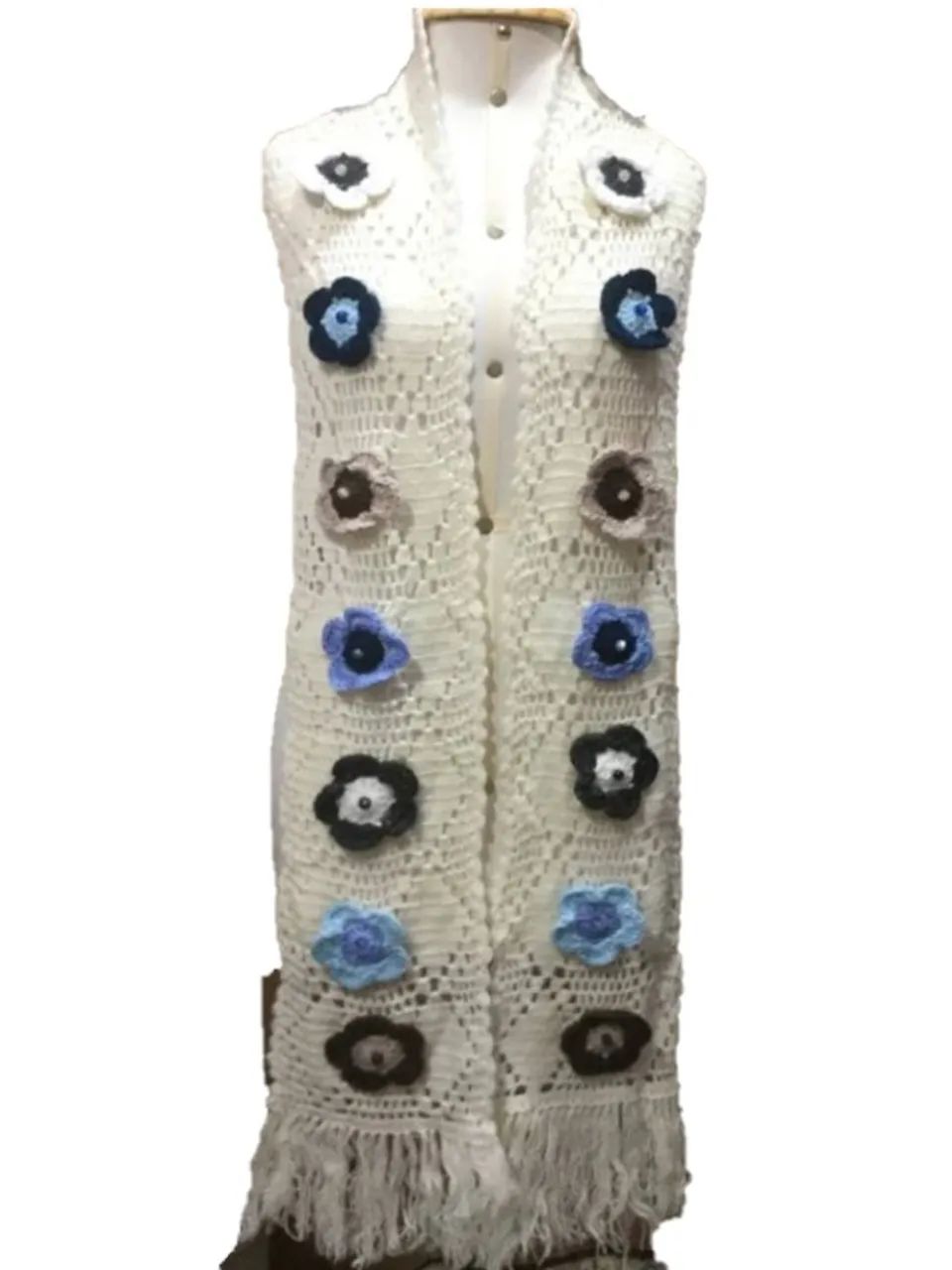 Cachecol De Crochê Branco Off-white Com Flores 2,25 X 16 Cm