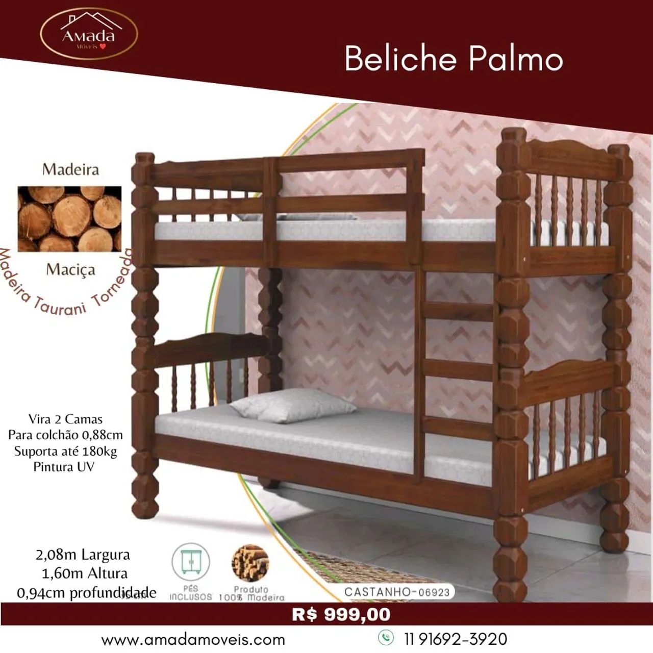 Beliche Palmo - Madeira Maciça - Suporta até 180kg - entrega em 3 Dias 