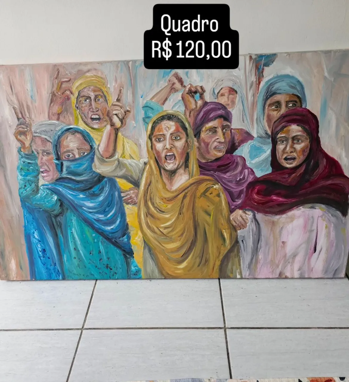Quadro com pintura de mulheres em protesto