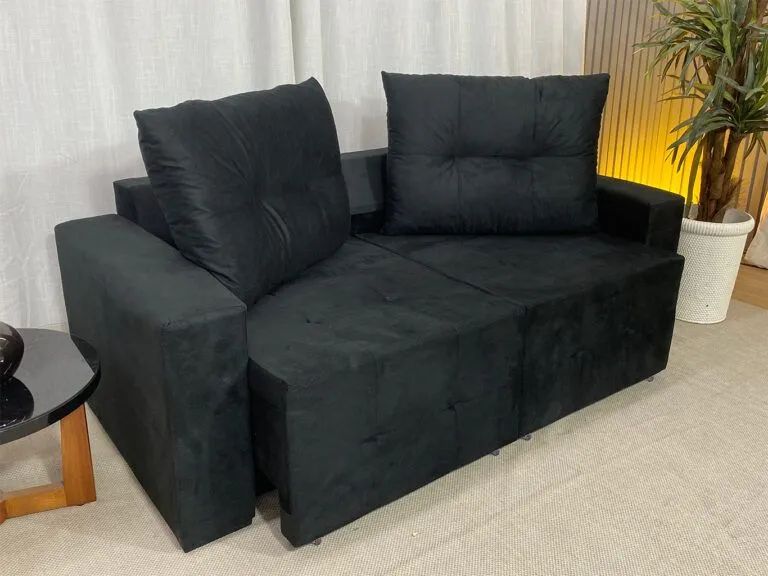 Sofá Retrátil 2 Lugares Almofadas Soltas 180cm Preto - Foto 3