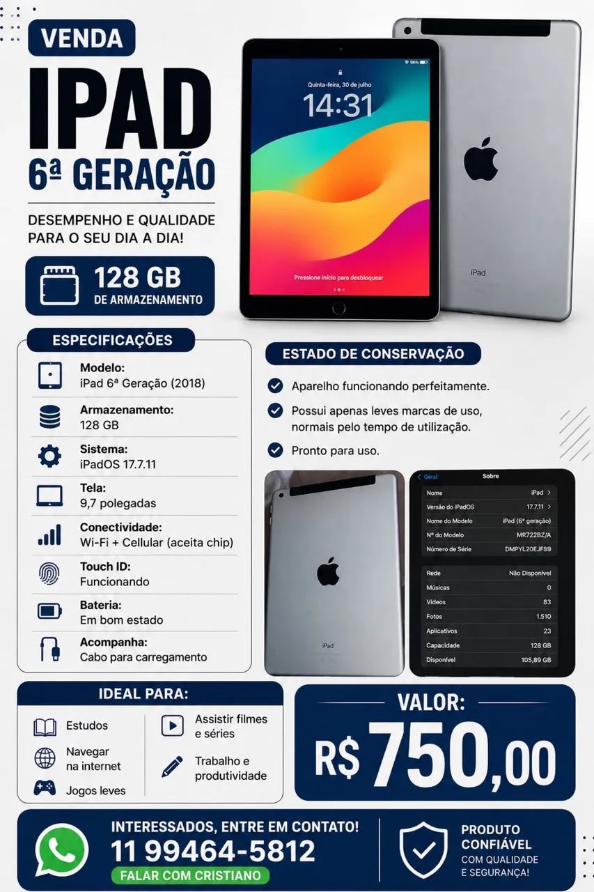 iPad 6ª Geração 128gb - Foto 2